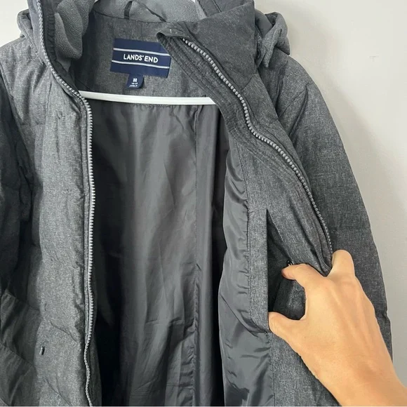 Lands End Down Puffer Coat Grey Hooded Size 10 12 Medium Winter Jacket Long - Picture 10 of 14